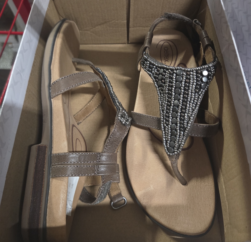 Aetrex Sheila Women’s Embellished Brown T-Strap Sandals